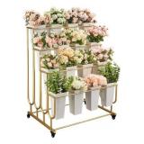 Flower Display Stand Frame, 4-Tier Flower Cart with Wheels, Metal Floral Display Rack , Moving Florist Bouquet Shelf for Shop ,Flower Bar, Events (Gold - 4 Tier) ,Without Flower Buckets