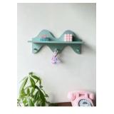 Floating Shelves for Wall Shelf with Hooks Key Holder Purse Rack Hanger Wood Small Cute Shelf for Bathroom Bedroom Game Room (light blue)