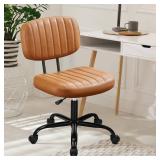 DUMOS Armless Home Office Desk Chair -Small Ergonomic with Low Back Lumbar Support, Height Adjustable PU Leather Computer Task with 360Â° Swivel Rolling Wheels, for Small Space, Brown