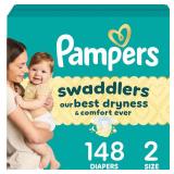 Pampers Swaddlers Diapers, Size 2 (10-22 lbs), 148 Count, Absorbent, Keeps Baby Dry and Comfortable, Skin Safe Disposable Baby Diaper (Packaging May Vary)