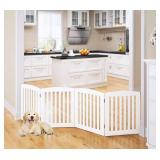 PAWLAND Wooden Freestanding Foldable Pet Gate for Dogs, 24 inch 4 Panels Step Over Fence, Dog Gate for The House, Doorway, Stairs, Extra Wide (White, 24\" Height-4 Panels)