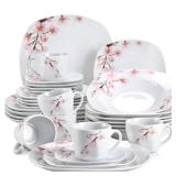 VEWEET Annie Porcelain Dinnerware for 6, 30-Piece Pink Floral Dish Set With Plates and Bowls Including Dinner, Dessert, Soup, Cups & Saucers