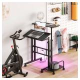 Dripex Mobile Standing Desk with Power Outlets & Strip Lights, Rolling Small Desk, Adjustable Height Laptop Table with Wheels, Portable Sit-Stand Workstation for Home Office