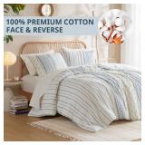 INK+IVY Comforter for Queen Size Bed, Chenille Tufted, Breathable Cotton Comforter Set Queen, All Season Modern Boho Comforter with Farmhouse Bedding Flare, 2 Matching Shams, Queen White/Navy 3 Piece