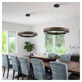 LED Ring Chandelier Dimmable Black Chandelier Round Foyer Chandeliers Light Walnut Wood Black Circular Chandeliers for Dining Room Entry Bedroom Office Living Room, 24in