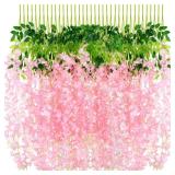 108 Pack 43.2 in/ 3.6 ft Artificial Fake Wisteria Hanging Flowers Wisteria Faux Flowers Garland Silk Vine Rattan Long Hanging Flowers String for Home Outdoor Wedding Party(Petal Pink)