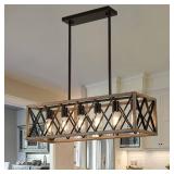 Farmhouse Dining Room Light Fixtures,Rustic Vintage Antique Linear Chandeliers for Dining Room,Kitchen Island,Bar,Office Coffee Shop,Oak White and black Adjustable Hanging Pendant Light 6-Lights