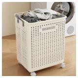 HGZBS Collapsible Laundry Basket with Wheels and Handle, Plastic Foldable Laundry Hamper, Versatile Portable Storage Basket, Durable and Practical for Laundry and Bathroom (White, Large)