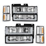 AUTOSAVER88 LED DRL Headlights Assembly Compatible with 1994-1999 Chevy C/K C10 Suburban Tahoe Headlight Headlamp Replacement with Corner Light Chrome Housing Amber Reflector