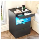 Gadroad LED Nightstand with Charging Station, Bedside Table with 3 Drawers and LED Lights, End Table Sofa Couch Side Table with Pull-Out Shelf, Black