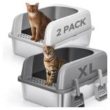 2 Pack Stainless Steel Cat Litter Box with Lid, XL Extra Large Metal Box for Big Cats, 24\" L x 16\" W x 12\" H, Enclosed Litter Box High Sided, Non-Sticky, Include Litter Scoop