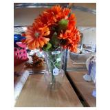 Glass Vase w/ Faux Orange Decorative Flowers
