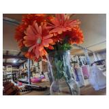Glass Vase w/ Faux Orange Decorative Flowers