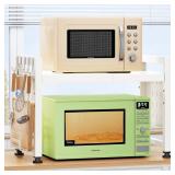 Expandable Microwave Stand, 2-Tier Adjustable Microwave Oven Rack with 10 Hooks and 2 Holders, Heavy Duty Carbon Steel Microwave Shelf for Kitchen Counter Organizer and Storage, Holds 120lbs, White - 
