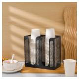 Maxcheck Metal Mesh Cup and Lid Holder Coffee Paper Cup Dispenser Lid Holder Storage Organizer Countertop or Wall Mount for Coffee Bar, Kitchen, Breakroom(2 Compartments) - Retail: $23
