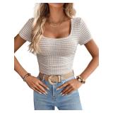 LUXVEER Women Summer Short Sleeve Shirts Ruched Crop Tops Sexy Casual Square Neck Blosue Trendy Going Out Tops College Cute Spirng Knit Tight Layering Basic T Shirt Light Khaki XL - Retail: $16