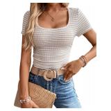 LUXVEER Women Summer Short Sleeve Shirts Ruched Crop Tops Sexy Casual Square Neck Blosue Trendy Going Out Tops College Cute Spirng Knit Tight Layering Basic T Shirt Light Khaki XL - Retail: $16