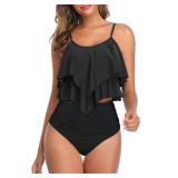 Black Bikini Set High Waisted Two Piece Swimsuits for Women Ruffled Flounce Top Bathing Suits Bikini 02 Black 4-6 S - Retail: $26