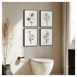 Framed Black and White Bathroom Wall Art, 4 Piece Vintage Floral Canvas Prints Artwork for Farmhouse, Rustic Minimalist Flower Botanical Pictures for Bedroom Living Room Wall Decor, 8x10x4 (Pack) - Re