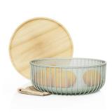 LIBKEN Metal Wire Mesh Fruit Baskets with Wooden Lid - Fly-Proof Indoor Solution for Fresh Fruits - Covered Fruit Bowl - Produce Cover Against Flies for Banana, Tomato and Vegetables - Green - Retail: