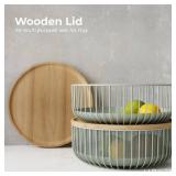 LIBKEN Metal Wire Mesh Fruit Baskets with Wooden Lid - Fly-Proof Indoor Solution for Fresh Fruits - Covered Fruit Bowl - Produce Cover Against Flies for Banana, Tomato and Vegetables - Green - Retail: