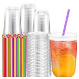 Ziliny 100 Pack Clear Plastic Cups With Flat Lids and Straws Disposable Drinking Cups for Iced Coffee, Cold Drinks, Juice, Smoothies, Milkshakes (16 oz) STRAWS CRUSHED - Retail: $30