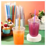 Ziliny 100 Pack Clear Plastic Cups With Flat Lids and Straws Disposable Drinking Cups for Iced Coffee, Cold Drinks, Juice, Smoothies, Milkshakes (16 oz) STRAWS CRUSHED - Retail: $30