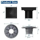 Neodrain 4 Inch Black Square Drain, 304 Stainless Steel Shower Drain Kits with PVC Base, Removable Cover Hair Catcher Strainer for Bathroom Floor Drain, Matte Black - Retail: $35