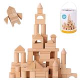Pidoko Kids Wooden Blocks - 100 Pcs - Building Blocks for Toddlers - Includes Storage Container with Shape Sorter Lid - Natural Beech Wood Blocks - Preschool Learning Toys Stacking Block - Retail: $20
