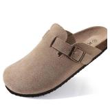 KIDMI Genuine Suede Clogs for Women Cork Footbed Sandals Leather Mules Potato Shoes with Arch Support Taupe 41 (Size 9-9.5) - Retail: $40