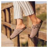 KIDMI Genuine Suede Clogs for Women Cork Footbed Sandals Leather Mules Potato Shoes with Arch Support Taupe 41 (Size 9-9.5) - Retail: $40