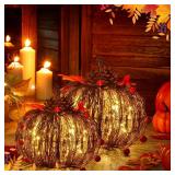 Wonderjune 2 Pcs Rattan Lighted Pumpkin Fall Decorations Artificial Rattan Pumpkin Lanterns LED Fall Lighted Harvest Indoor Outdoor Halloween Thanksgiving Decor Porch (Brown,8 6 Inch) - Retail: $64