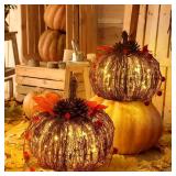 Wonderjune 2 Pcs Rattan Lighted Pumpkin Fall Decorations Artificial Rattan Pumpkin Lanterns LED Fall Lighted Harvest Indoor Outdoor Halloween Thanksgiving Decor Porch (Brown,8 6 Inch) - Retail: $64