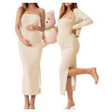 QUNISY 2 Piece Maternity Dress Cardigan Set, Strapless Bodycon Maxi Tube Dresses Long for Baby Shower Photoshoot Formal, Champagne S - Retail: $40