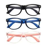 FANNYGO Kids Blue Light Blocking Glasses 3 Pack Fanngo Kids Computer Reading Glasses for Boys And Girls Age 3-9 (Black + Dark blue + Light powder) - Retail: $10