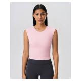 ABOCIW Open Back Workout Tops for Women Built in Bra Cap Sleeve Athletic Yoga Crop Top Gym Shirts Longline Sports Bras Pink Small - Retail: $27