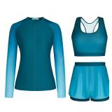 JASAMBAC 3 Piece Swimsuit Women Long Sleeve Swim Shirts for Woman Green Gradient Rash Guard with Boyshorts M