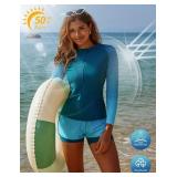 JASAMBAC 3 Piece Swimsuit Women Long Sleeve Swim Shirts for Woman Green Gradient Rash Guard with Boyshorts M