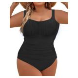 LAPHEE ROSE Womens Plus Size Bathing Suit Tummy Control One Piece Swimsuit Ruched Swimwear-Black-20W size large