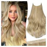 KooKaStyle Invisible Wire Hair Extensions Long Straight Layered Synthetic with Transparent Headband Adjustable Size 6 Secure Clips Hairpieces for Women(20 Inch, H1860A#Beige Blonde) - Retail: $20