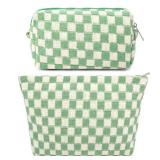 SOIDRAM 2 Pcs Checkered Makeup Bag Large Cosmetic Bag Toiletry Bag Makeup Pouch Travel Bag Organizer Cute Makeup Brushes Aesthetic Accessories Storage Bag for Women Green - Retail: $12