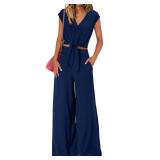 PRETTYGARDEN Two Piece Pants Set For Women Trendy Sleeveless Smocked Short Shirt Flowy Palazzo Pant Casual Lounge Wear(Solid Dark Blue,Medium) - Retail: $41