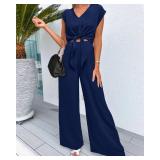 PRETTYGARDEN Two Piece Pants Set For Women Trendy Sleeveless Smocked Short Shirt Flowy Palazzo Pant Casual Lounge Wear(Solid Dark Blue,Medium) - Retail: $41
