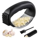 Garlic Press Rocker, Stainless Steel Garlic Mincer Crusher, Mincer Tool Stainless Steel With a Garlic Peeler Tool With 2 Peelers, 2 Scrapers, And 2 Brushes For Squeezes, Extracts, Crushes