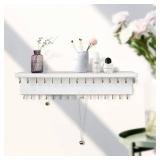 SANY DAYO HOME Jewelry Organizer with 30 Hooks and Cosmetics Shelf, 15 x 3 x 4 inches Wall Mounted Rustic Pine Wood Holder for Necklaces and Bracelets, Suitable for Kids and Adults (Retro White) - Ret