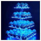 YestBuy 4 Tier Acrylic Cupcake Stand Afternoon Tea Cake Stand Large Cupcake Stand Cupcake Tower Cupcake Holder for Pastry + LED Light String Ideal for Weddings Birthday Bar Party Décor (Blue Light) *