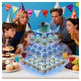 YestBuy 4 Tier Acrylic Cupcake Stand Afternoon Tea Cake Stand Large Cupcake Stand Cupcake Tower Cupcake Holder for Pastry + LED Light String Ideal for Weddings Birthday Bar Party Décor (Blue Light) *