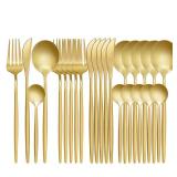 LYFJXX 24-Piece Flatware Set, Stainless Steel Knife Fork Spoon, Home Dinnerware Tableware Set for 6, Cutlery Set, Include KnivesForksSpoons Gold - Retail: $24