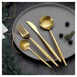 LYFJXX 24-Piece Flatware Set, Stainless Steel Knife Fork Spoon, Home Dinnerware Tableware Set for 6, Cutlery Set, Include KnivesForksSpoons Gold - Retail: $24