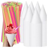 Eaasty 480 Pcs Snow Cone and Spoon Straws Cone Cups Thicken 6 oz Disposable Paper Cups Straw Spoon for Family Slush Shaved Ice Cream Water (White)